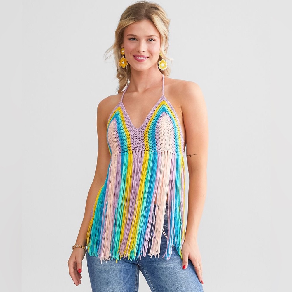 NWT Mable Rainbow Fringe Halter Tank Top Lavender Multi Size S / M